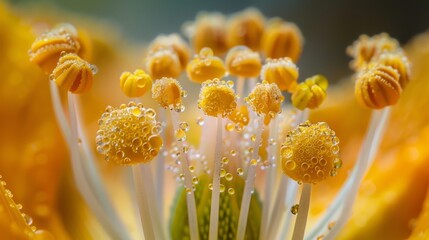 Fototapeta premium Macro shot showing a flower with water droplets, revealing pollen grains interacting with the stigma in the initial stages of IPINM