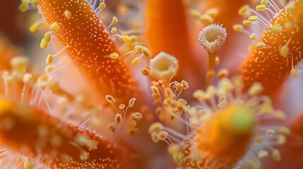 Fototapeta premium Detailed close up of pollen grains meeting the stigma of an orange flower, showcasing the beginning of a crucial stage in pollination