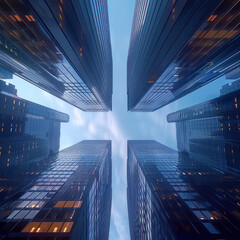 skyscrapers against the clouds, modern buildings view from below, banner, 3D rendering
