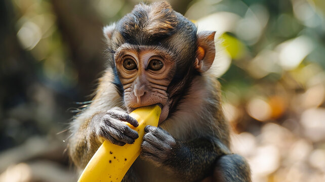 A little monkey is sitting and eating banana