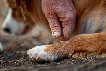 Persons gentle gesture, holding the dogs paws with care