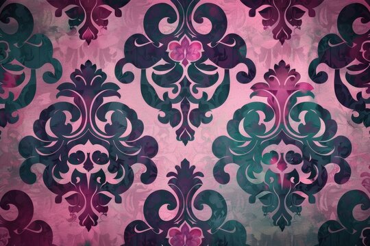 A captivating damask pattern in pink and teal hues, merging vintage charm with a modern color twist.