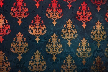 A grand display of scarlet and gold damask patterns on a dark backdrop, ideal for luxury interiors.