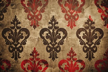 A striking red and beige damask pattern evokes a sense of baroque elegance, perfect for classic and rich decor themes.