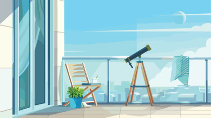 Flat balcony with telescope chair and notebook. Vector