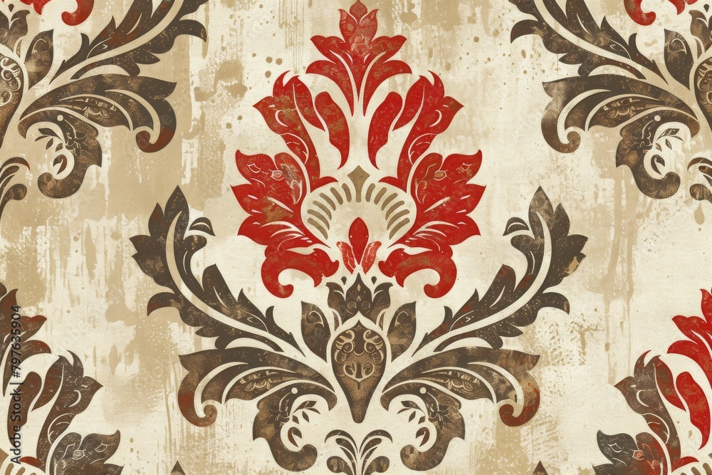 Sticker A striking red and beige damask pattern evokes a sense of baroque elegance, perfect for classic and rich decor themes.