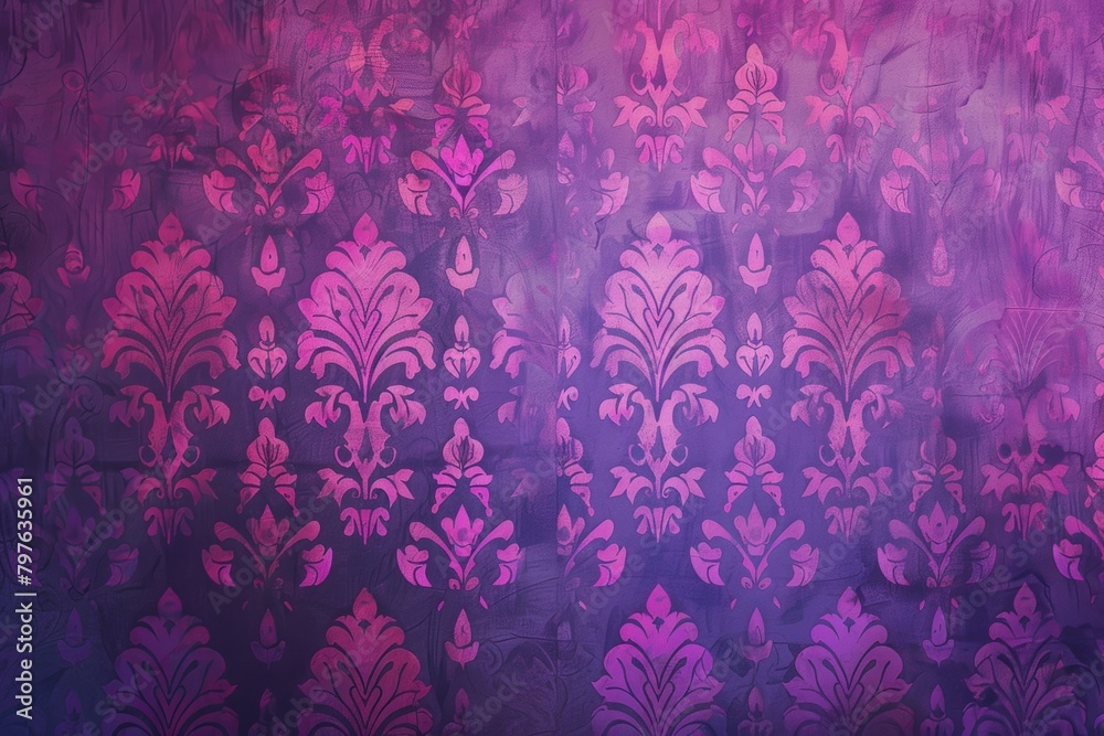 Sticker This image features a purple and white damask design over a painted canvas texture, perfect for bold interiors.