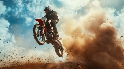 Professional stunt rider performing a daring maneuver on a dirt bike, flying through the air at a motocross track