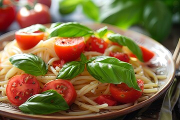 Red Tomatoes and Green Basil on Spaghetti: A Nourishing Italian Delight