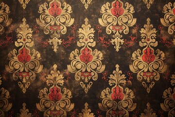 A splendid array of golden damask patterns spread over a chocolate brown canvas, evoking classic luxury.