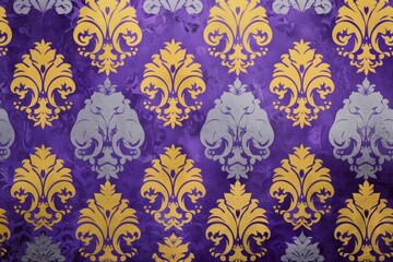 Fototapeta premium Purple and gold damask on a grunge background exudes royalty for a bold and opulent design. 