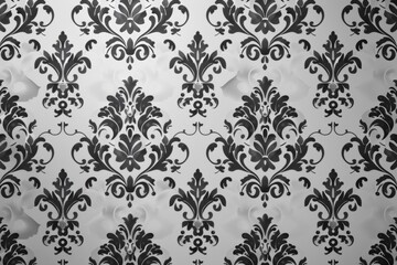 This wallpaper features a sleek monochrome baroque design for a touch of understated yet classic sophistication.