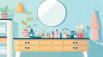 Flat dressing table with cosmetics. vector illustration