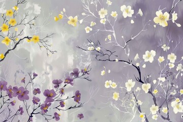 Delicate yellow and purple flowers dance across a misty backdrop, offering a tranquil springtime moment in this enchanting floral illustration.
