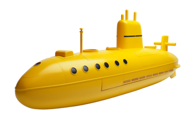 A yellow submarine with various hatches and portholes isolated on a black background.
