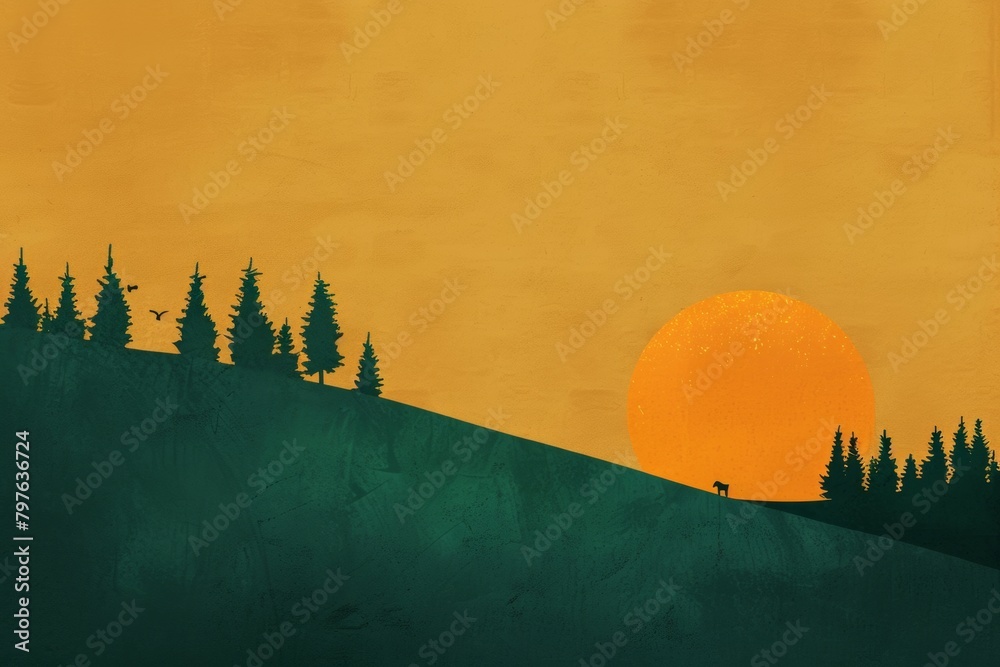 Canvas Prints A serene scene with a golden sun setting behind a silhouette of pine trees and a lone deer, encapsulating the tranquil essence of nature's beauty.
