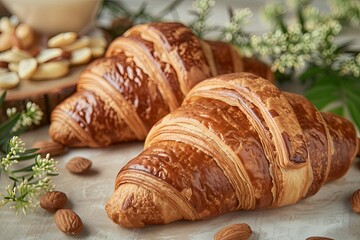 Obraz na płótnie Canvas Fresh Bakery Delight: Two Croissants Infused with Rustic Charm for the Perfect Breakfast Blend