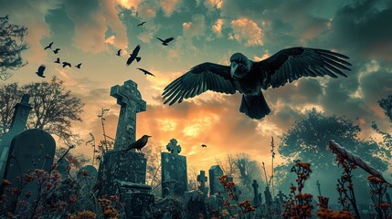 Naklejka premium Mysterious twilight cemetery with flying raven and atmospheric fog