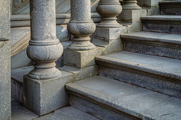 Stone colonnade and stairs detail. Classical pillars row in a building facade
