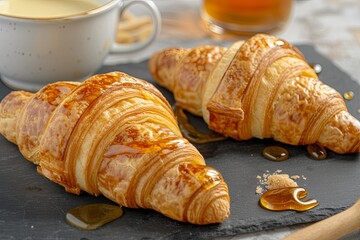 Golden Croissants with Honey on Dark Slate: Traditional Bakery Breakfast Delight