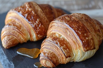 Fototapeta premium Golden Honey Croissants: Homemade Deliciousness on Slate Brunch