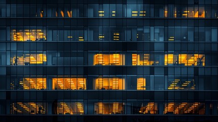 Black building at night while some of the building lights are on. Suitable for background.