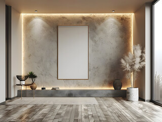Stylish Focal Point: White Frame Mockup Adorns Modern Entryway Metal Dresser