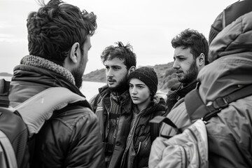 Refugees arrived  on the boat. Waiting for the bus to camp. Friendly European volunteers help them
