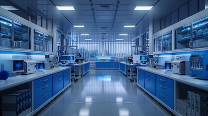Naklejka na ściany i meble Spacious Modern Laboratory with Monitors and Blue Drawers