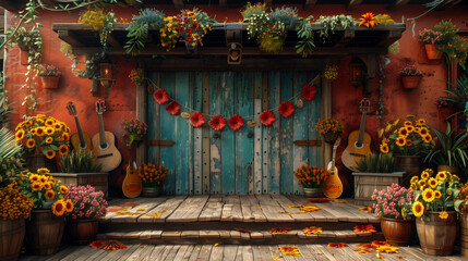 A wooden stage adorned with cactus plants, flowers, and guitars for the Cinco de Mayo festival