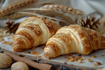 Golden Croissants: Rustic Breakfast Bliss with Crumbs Scattered Photograph