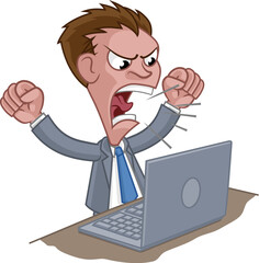 An angry stressed business man in a suit shouting at a laptop cartoon