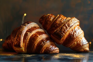 Golden Morning Delights: Homemade Bakery Items - Two Croissants in Radiant Contrast
