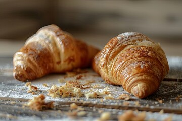 Crusty Croissants: Rustic Homemade Breakfast with Scattered Crumbs