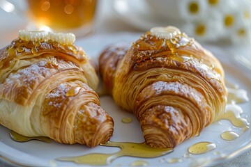 Fresh Bakery Delight: two croissants with honey decorations, soft-focused breakfast perfection