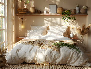 Inviting Warmth: Subtle Lighting Casts Glow on White Frame Mockup in Bedroom