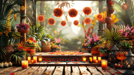 A wooden pedestal decorated with cactus plants and candles for the Cinco de Mayo festival