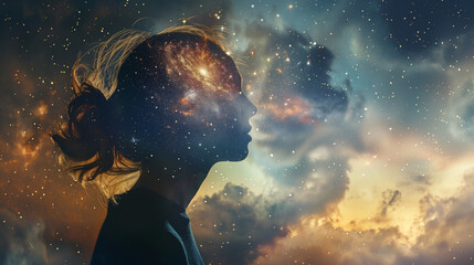 Double exposure of woman with galaxy space inside head , mind power concept