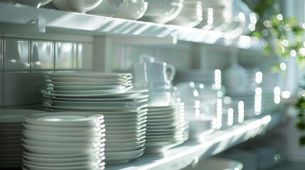 Obraz premium Bright Interior Highlights a Neatly Stacked Dishware Collection