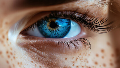 Naklejka premium Macro shot of a blue-eyed woman's face showing detailed eyelashes and natural freckles.