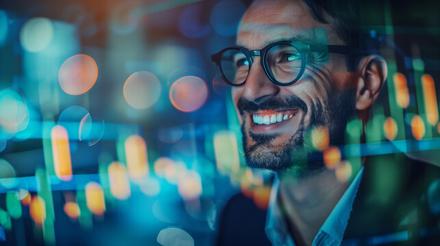 Happy successful trader smiling with  stock market graph charts 