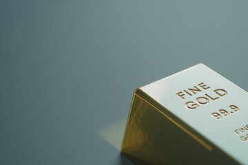 Close-up of a fine gold bullion bar on a grey background symbolizing wealth and investment.