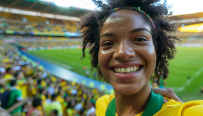 Selfie of spectator in the stadium celebrating with his team and the green and yellow colors. Brazil fans.  Woman