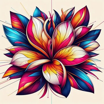 Close-up of Frangipani Flower (Plumeria rubra), in colorful abstract WPAP art style. Vector illustration concept background with geometric lines and bright color mix,  for t-shirt designs