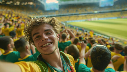 Selfie of spectator in the stadium celebrating with his team and the green and yellow colors. Brazil fans.  Man