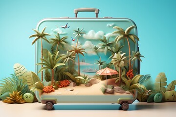 Traveler suitcase with tropical island background. 3d render illustration.