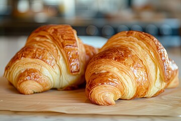 Golden Bakery Delights: Delicious French Croissants Soft Focus Breakfast Photography