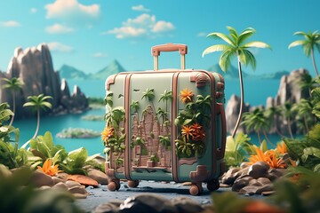 Traveler suitcase with tropical island background. 3d render illustration.