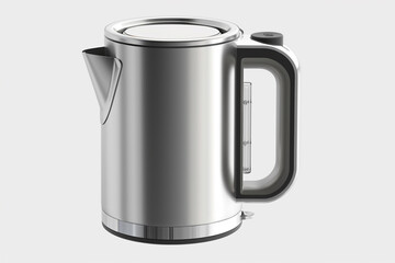 A compact electric kettle with a stainless steel body and a cord storage compartment isolated on a solid white background.
