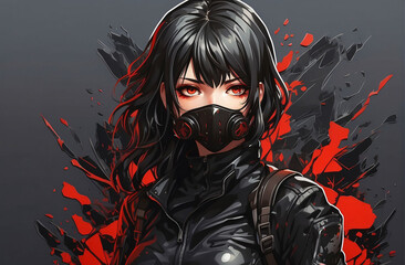 Anime, girl in a black mask, black leather suit with black hair.
